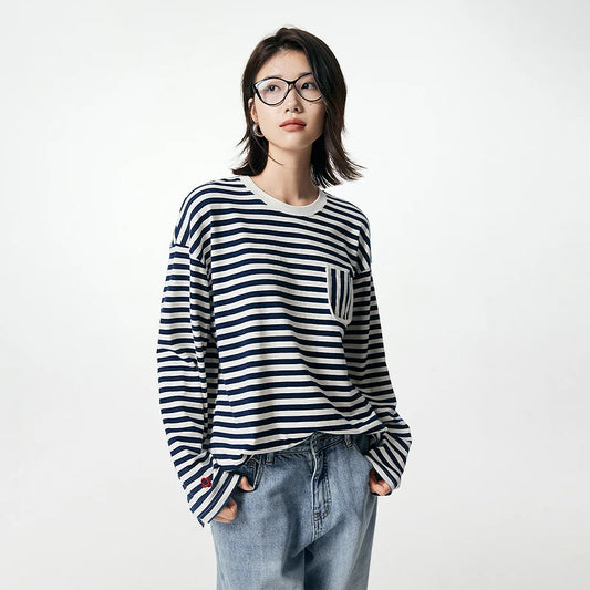 Toyouth Women Striped Tees 2024 Autumn Long Sleeve Round Neck Loose T-shirt Unique Pocket Design Dropped Shoulder Casual Tops