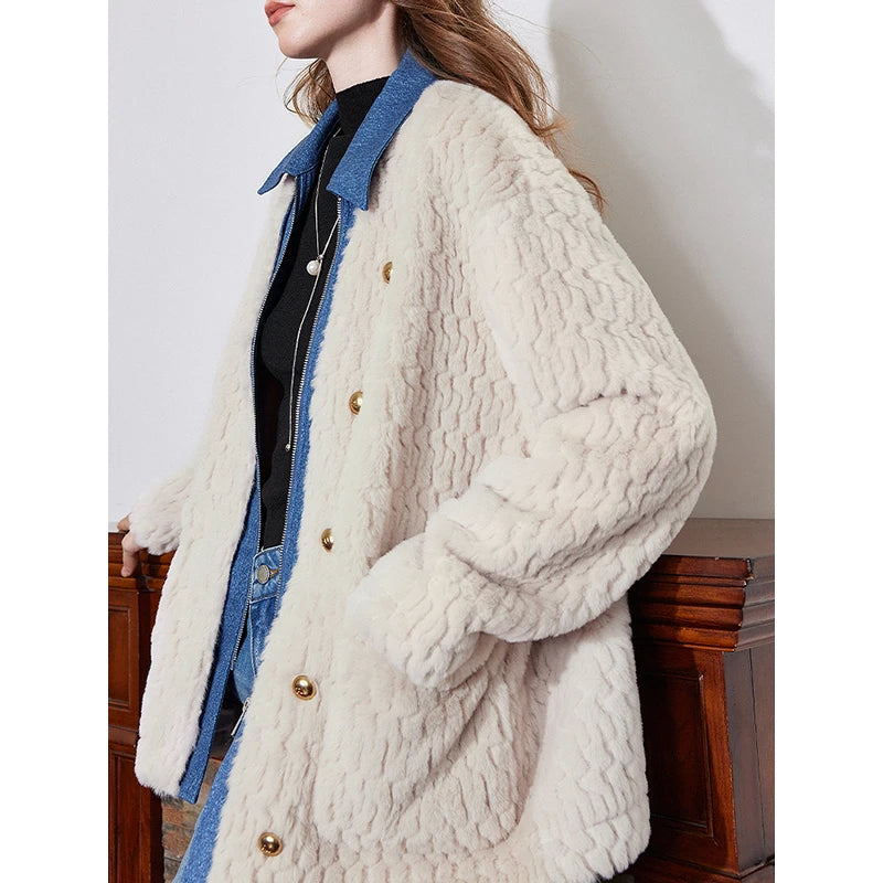 TOYOUTH Women Jacket Coat 2024 Winter New Rabbit Fur Denim Splicing Turn Down Collar Thicking Warm Outwear Cotton Coat