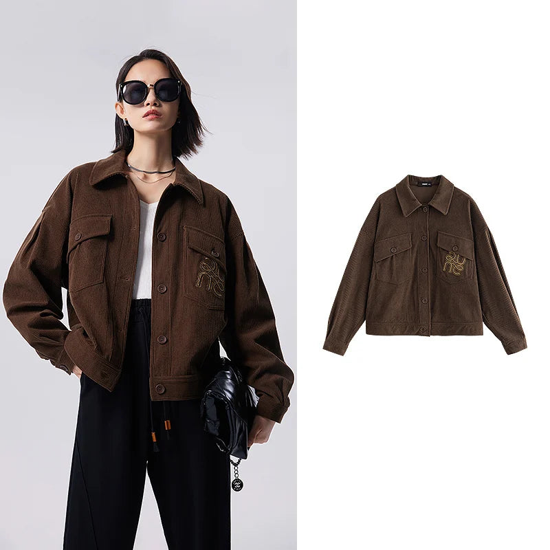 Toyouth Women Corduroy Jacket 2023 Autumn Long Sleeves Polo Neck Loose Coat Logo Embroidery Fashion Casual Versatile Outwear