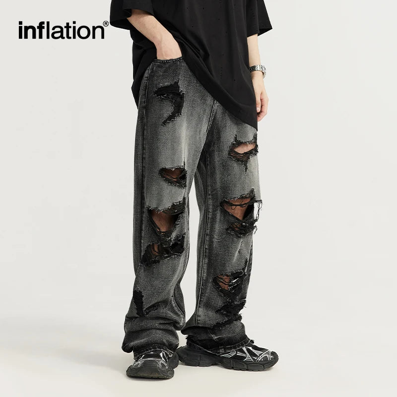 INFLATION Washed Ripped Distressed Jeans Men Streetwear Hip Hop Holes Denim Pants