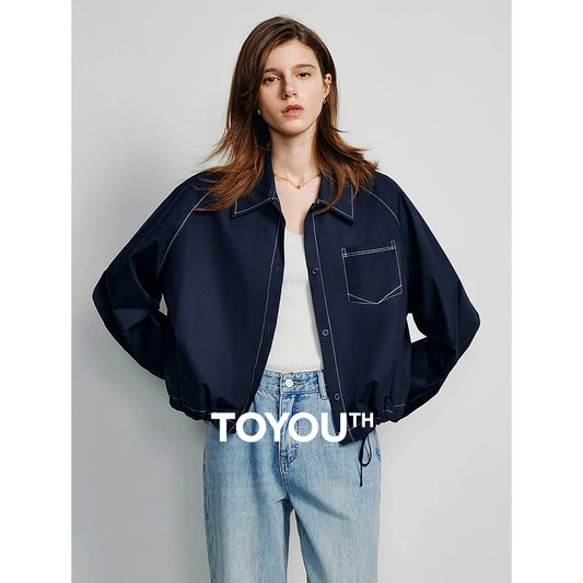 TOYOUTH Women Jacket Coat 2024 Spring New Contrast Color Turn Down Collar Pocket Workwear Style Outwear Short Jacket