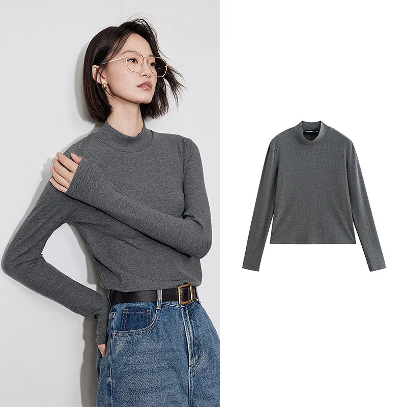 TOYOUTH Women Long Sleeve T Shirt 2024 Winter New Antibacterial Warm Turtleneck Collar Pullover Tops Grey