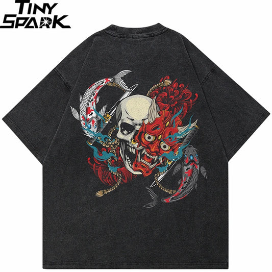 Hip Hop 2024 Retro Washed Black T-Shirt Streetwear Oni Mask Skull Devil Graphic T Shirt Cotton Men Tshirt Unisex Tops Tees Y2K