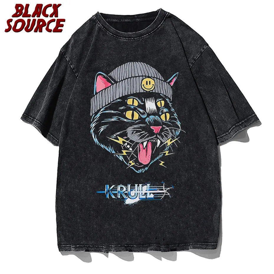 Hip Hop Oversized Tshirt Streetwear Cat Graphic Print Punk Gothic T-Shirt Men 2023 Casual Washed Tee Shirts Harajuku Cotton Tops