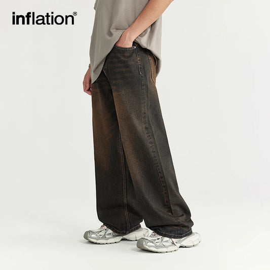 INFLATION Sand Washed Wide Leg Jeans 2024 Trendy Streetwear Loose Fit Straight Leg Denim Pants for Men