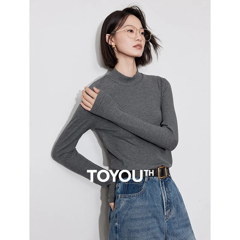 TOYOUTH Women Long Sleeve T Shirt 2024 Winter New Antibacterial Warm Turtleneck Collar Pullover Tops Grey