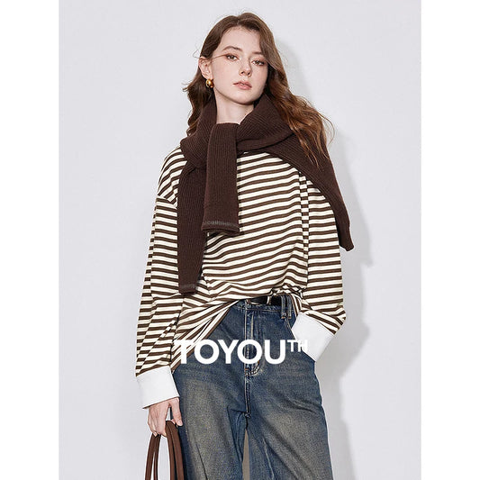 TOYOUTH Women Long Sleeve T-shirt 2024 Autumn New  American Style Striped Lazy Style Round Neck Warm Tops