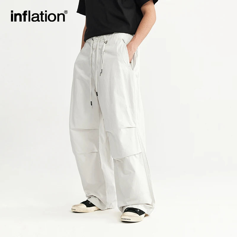 INFLATION Baggy Parachute Pants Streetwear Mens Elastic Waist Washed Cargo Pants Male 100% Cotton Trousers