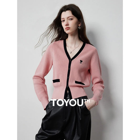 TOYOUTH Women Knitted Sweater 2024 Autumn New V neck Slim Waist Long Sleeve Contrasting Color Woolen Cardigan Tops