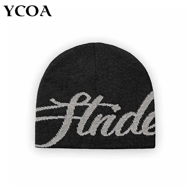 Men Beanie Kpop Letter Hat Y2k Black Knit Hip Hop Streetwear Wool Winter Korean Fashion Pullover Accessories Jacquard Women Cap