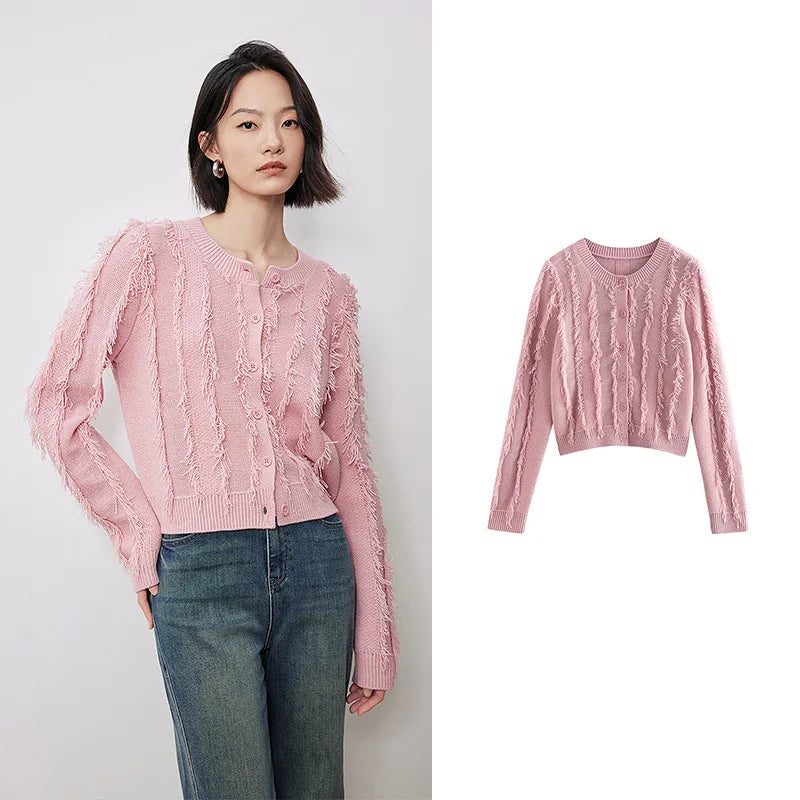 TOYOUTH Women Knitted Sweater 2024 Autumn New Pink Tassel Round Neck Long Sleeve Single Breasted Button Cardigan Tops