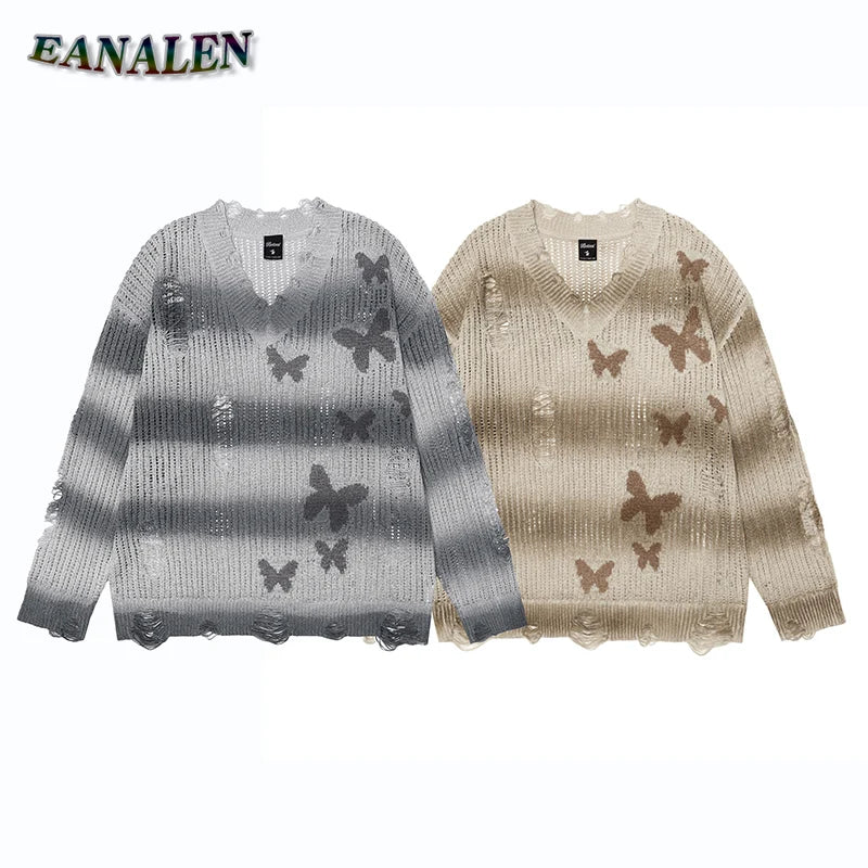 Harajuku Vintage Stripe Tie-Dye Knitted Sweater Women's Winter Designer Casual Oversized Ripped Butterfly Jumper V-Neck Pullover