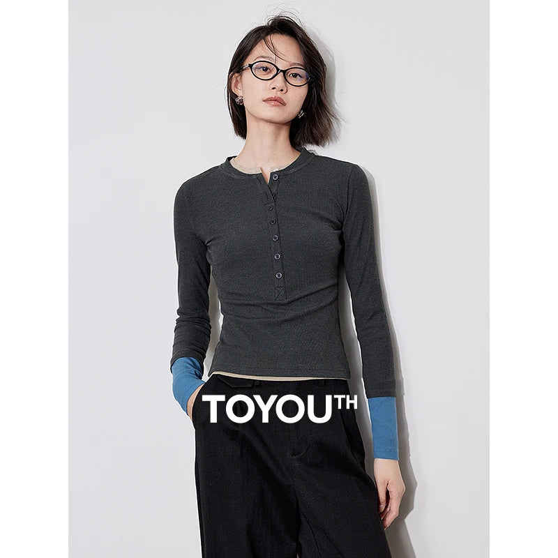 TOYOUTH Women Long Sleeve T-shirt 2024 Autumn and Winter New Color Blocking Round Neck Pullover Basic Shirt