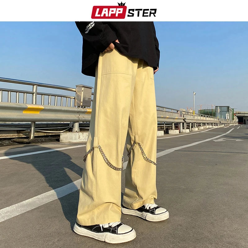 LAPPSTER Men Black Y2k Streetwear Harajuku Sweatpants 2023 Overalls Mens Korean Fashions Baggy Pants Free Chain Japanese Joggers