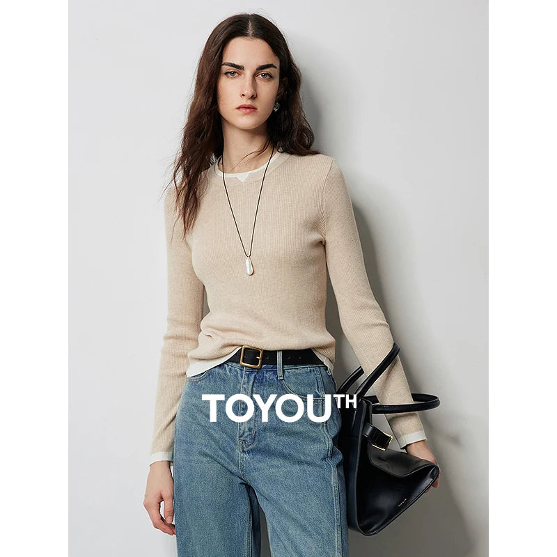 TOYOUTH Women Wool Knitted Sweater 2024 Autumn Winter Fake Two Piece Contrasting Color Slim Fit Knitted Sweater