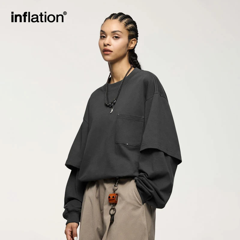 INFLATION Fake Two-Piece Long-Sleeve Tees for Unisex Minimalist Oversized Tshirts With Pocket