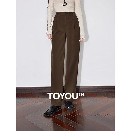 TOYOUTH Women Casual Pants 2024 Autumn and Winter New Mid Waist Workwear Style Straight Woolen Pants