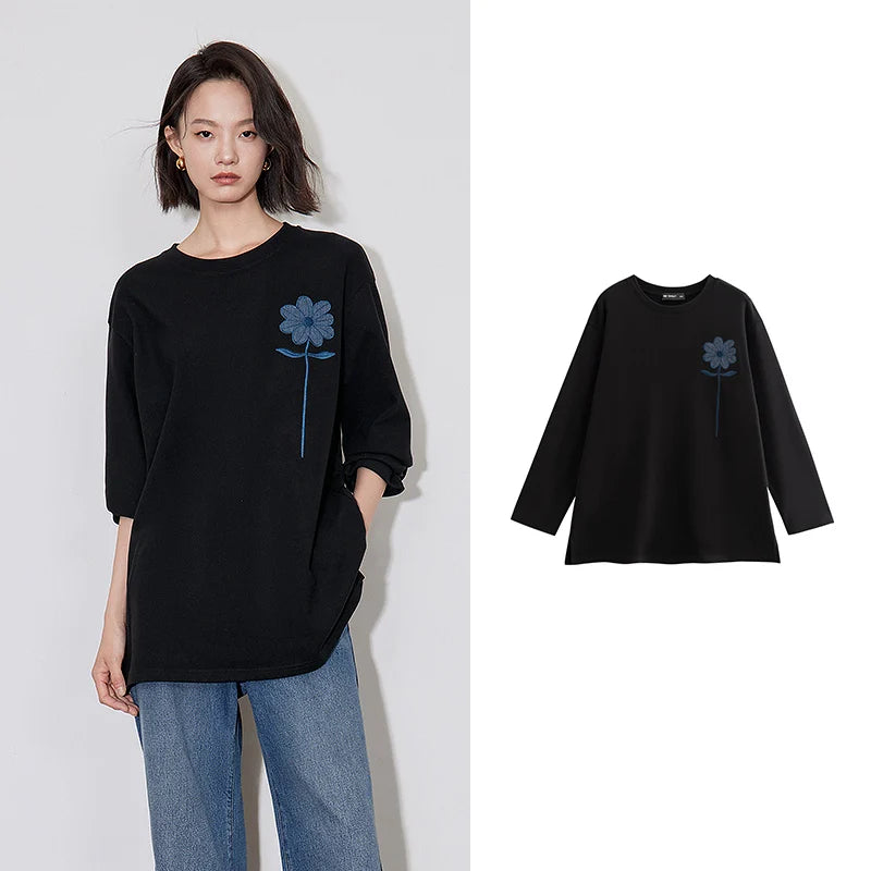 TOYOUTH Women Long Sleeve T-shirt 2024 Autumn and Winter New Denim Flower Embroidery Round Neck White T shirt Tops