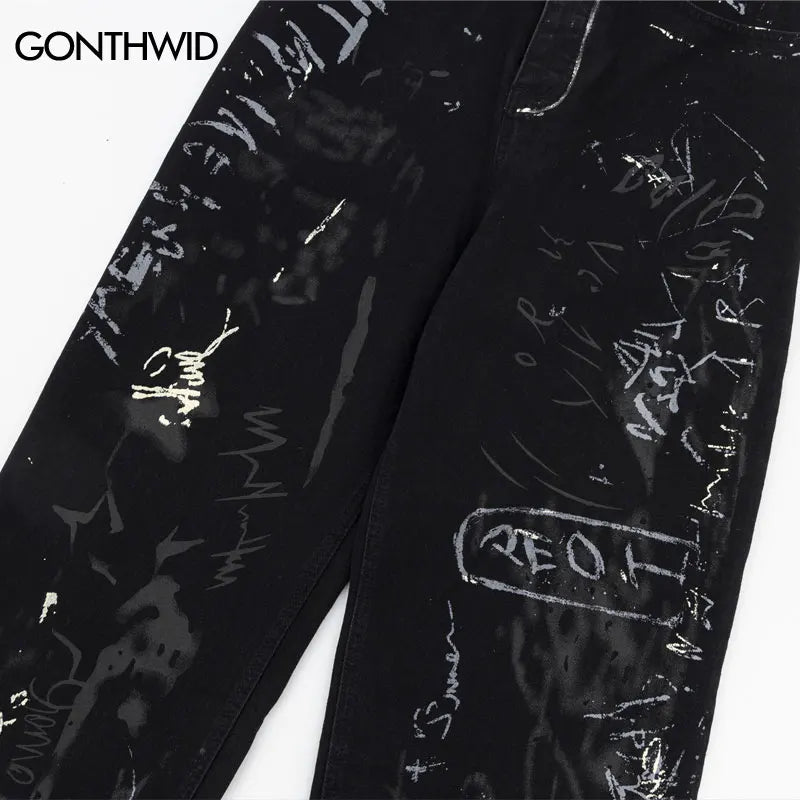 Hip Hop Black Jeans Y2K Men Graffiti Print Straight Wide Baggy Loose Denim Pants Streetwear 2023 Harajuku Fashion Punk Trousers