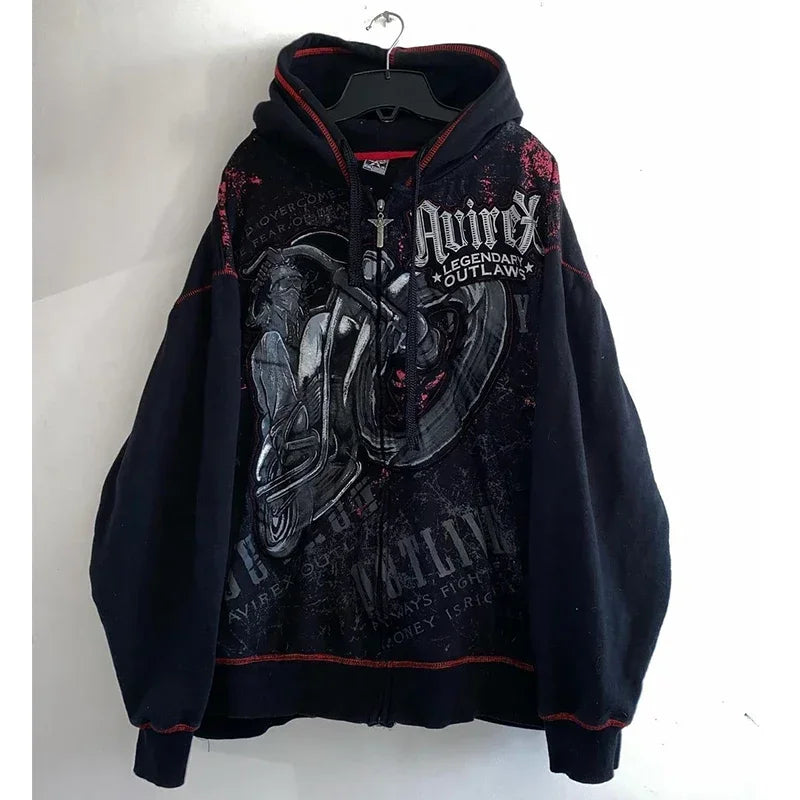 Harajuku Tapout Hoodie Gothic Embroidery Hoodies Women Y2k Casual Loose Oversize Hip Hop Korean Punk Long Sleeve Zipper Tops