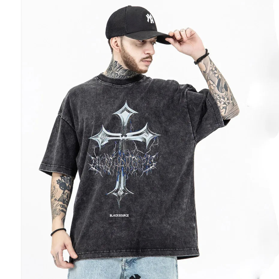 black source Oversize Fashion Mens Graphic T-Shirt Acid Wash T Shirt 2022 Summer Vintage Unisex High Street Cross Pattern