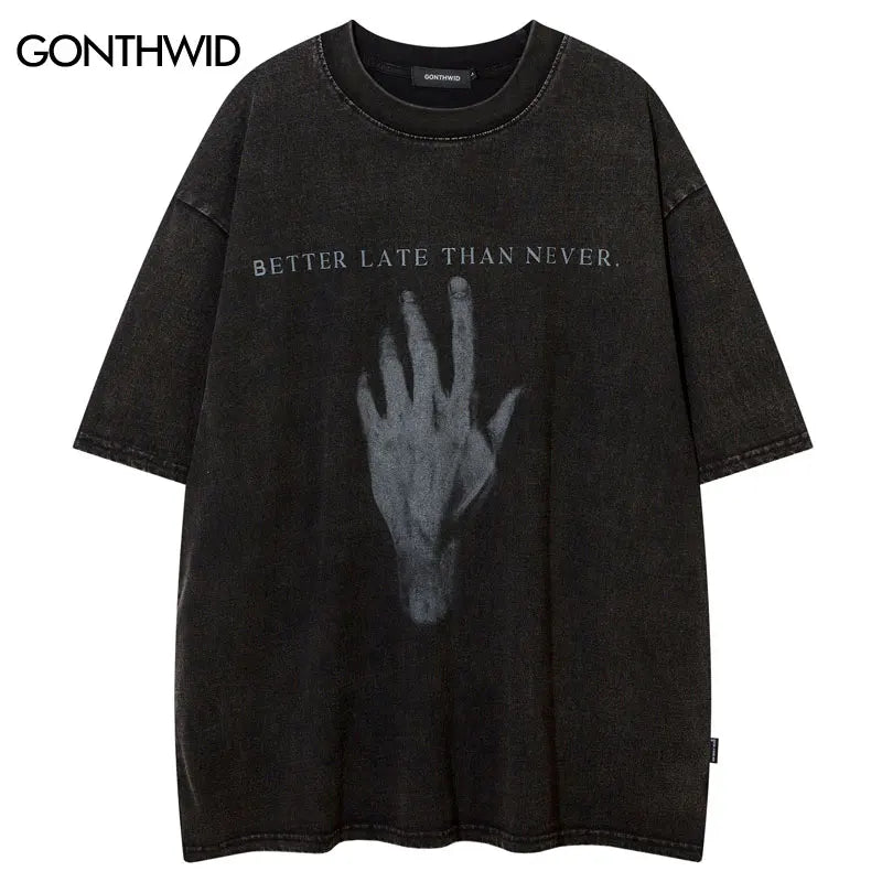 Vintage Black T-Shirt Streetwear Hand Graphic Print Washed Tshirt Hip Hop Punk Oversized Loose Tee 2024 Loose Cotton Tops Shirts