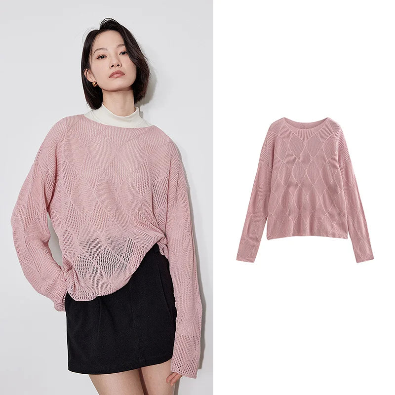 TOYOUTH Women Knitted Sweater 2024 Autumn New Style Diamond Hallow Out Pullover Round Neck Tops