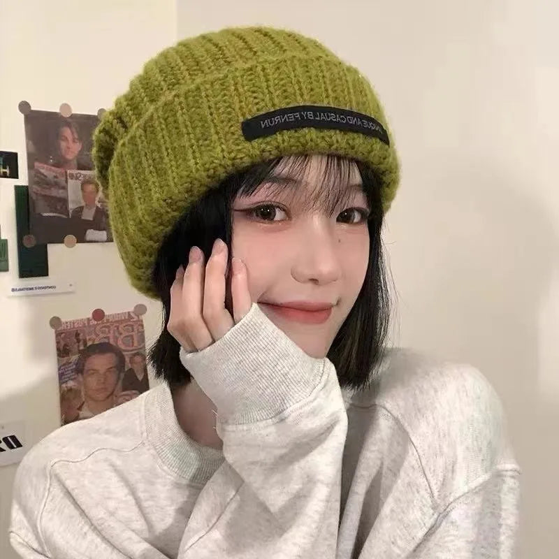 Big Head Circumference, Thick Woolen Hat, Women's Autumn and Winter Loose Warm Pile Cold Hat, Big Face, Small Face, Knitted