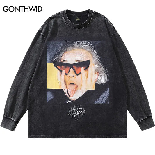 Vintage Oversized T-Shirt Men Funny Graphic Printed Washed Tshirt Streetwear Hip Hop Cotton Tees Harajuku Long Sleeve Tops Black