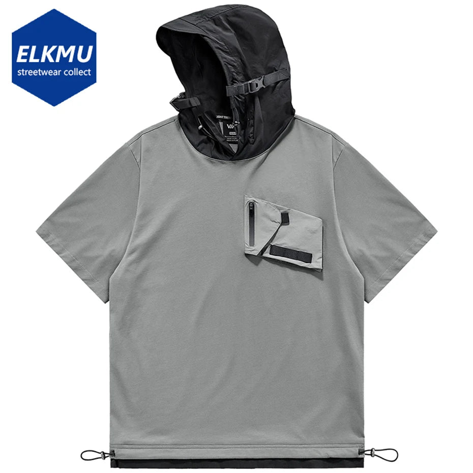 Hip Hop Hooded T Shirt Techwear Oversized Harajuku T-shirts Men's Streetwear Hip Hop Tshirt Summer Fashion Top Tee Zipper Pocket