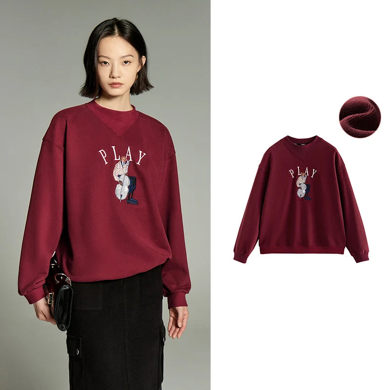 Toyouth Women Plush Sweatshirt 2023 Winter Long Sleeve Rib Round Neck Loose Hoodies Exquisite Embroidery Fashion Casual Tops