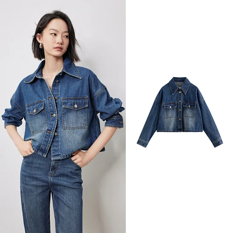 TOYOUTH Women Denim Jacket 2024 Autumn New Turn Down Collar Single Breasted Button Short Jacket