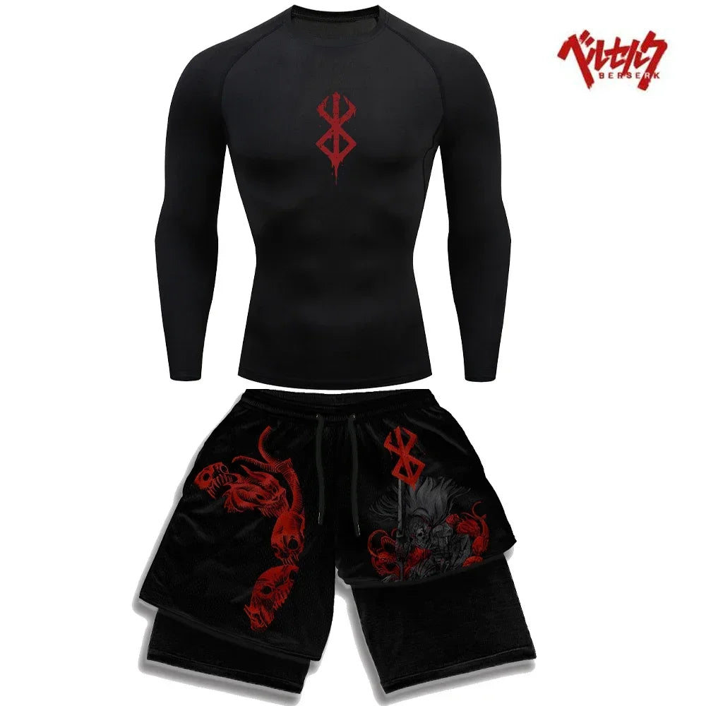 Anime Berserk Compression Set Fitness Suit for Men Quick Dry Compression Shirt+Gym Shorts Running Workout Summer Sportswear