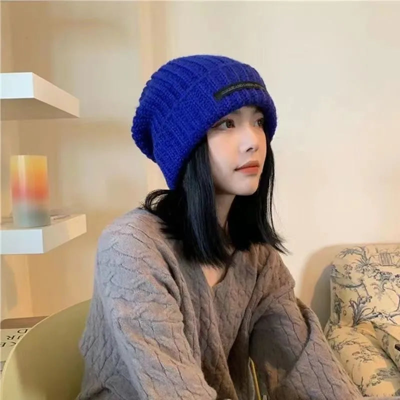 Big Head Circumference, Thick Woolen Hat, Women's Autumn and Winter Loose Warm Pile Cold Hat, Big Face, Small Face, Knitted