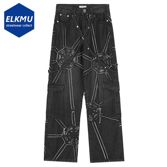 Harajuku Streetwear Jeans Net Splicing Baggy Jeans Hip Hop Denim Pants Black Loose Casual Straight Cargo Jeans