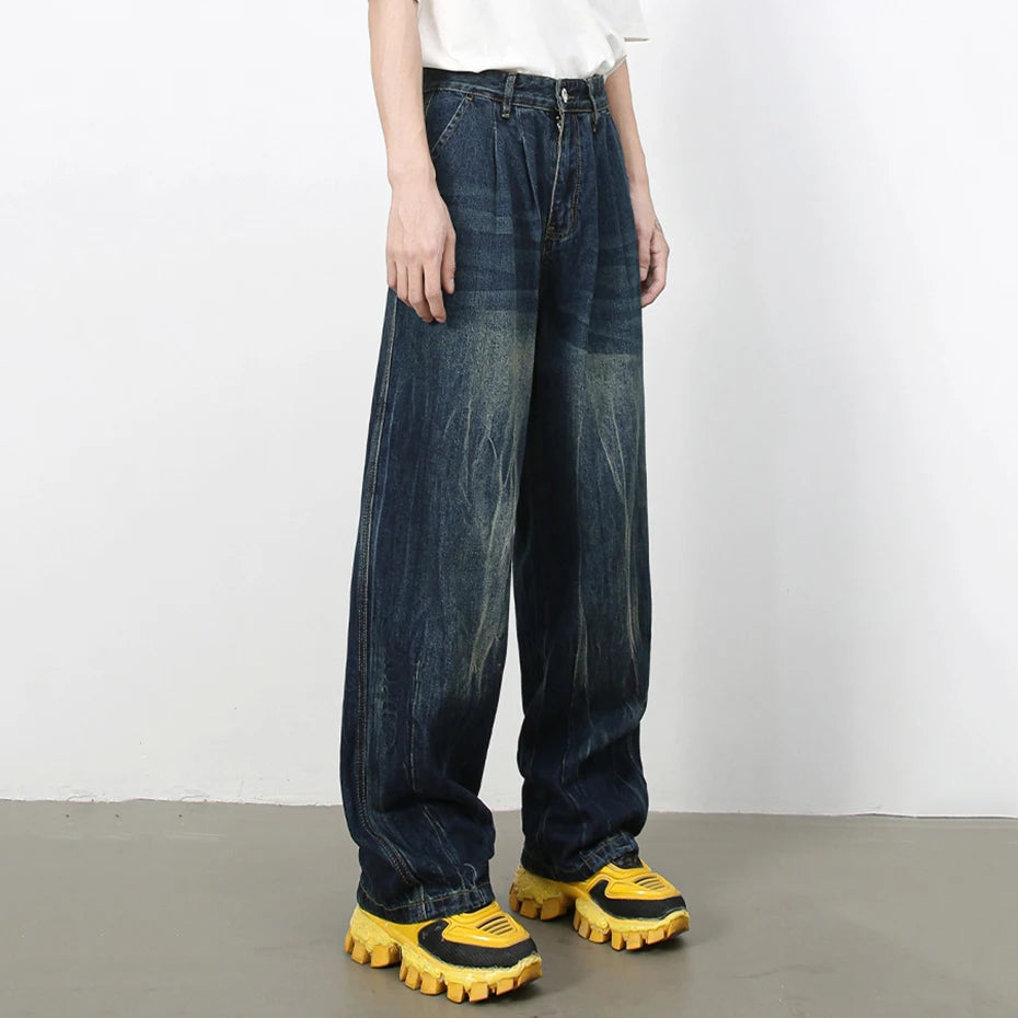 Men's Vintage Baggy Jeans Blue Loose Straight Denim Pants Streetwear Harajuku Hip Hop Jeans Trousers for Male