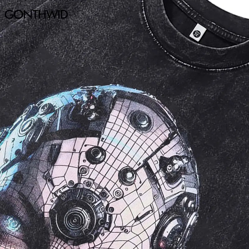 Men Vintage Tshirt Retro Robot Graphic Print Washed Black T-Shirt Hip Hop Punk Gothic Streetwear 2024 Harajuku Loose Cotton Tops