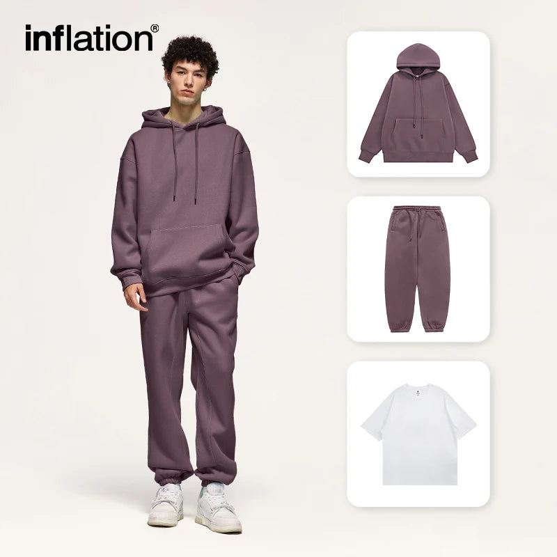 INFLATION Winter Thick Warm Fleece Hoodies Set Mens Blank Jogging Suit Sportwear Tracksuit