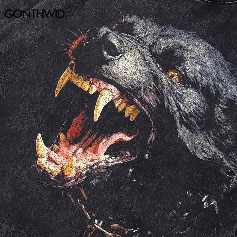 Vintage Black Tshirt Beast Rottweiler Dog Graphic Print Washed T-Shirt Streetwear Hip Hop Punk Gothic Loose 2024 Harajuku Tops