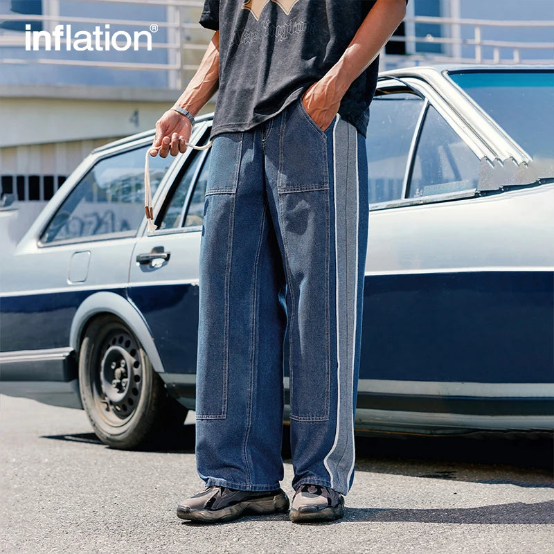 INFLATION Men High Street Patchwork Jeans Elastic Waist Straight Leg Denim Pants