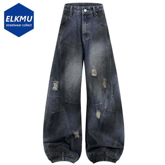 Wide Leg Jeans Ripped Patchwork Loose Denim Pants Vintage Blue Black Jeans Trousers Men Streetwear Hip Hop Jeans