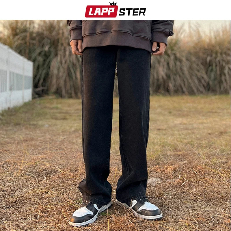 LAPPSTER Men Solid Streetwear Jeans Pants 2023 Mens Baggy Wide Leg Denim Trousers Male Black Korean Fashion Joggers Sweatpants