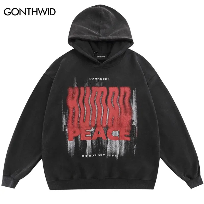 Vintage Men Hoodie Y2K Hip Hop Letter Graphic Print Punk Goth Hooded Sweatshirt Streetwear 2024 Fashion Harajuku Washed Pullover