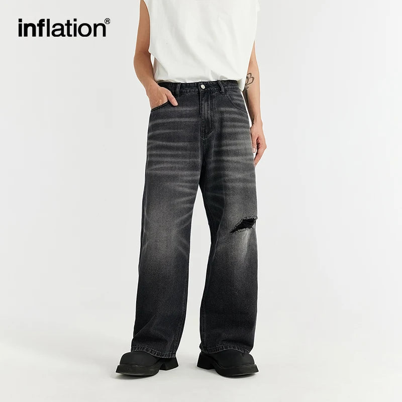 INFLATION Retro Washed Straight Denim Trousers Men High Street Ripped Wide Leg Jeans