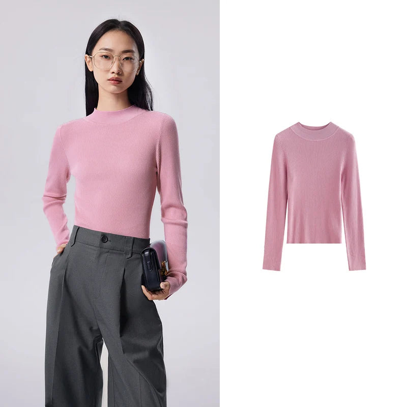 Toyouth Women Knitted Bottom Tees 2023 Autumn Long Sleeves Half High Collar O Neck V Neck Slim Solid Color Versatile Knitwear