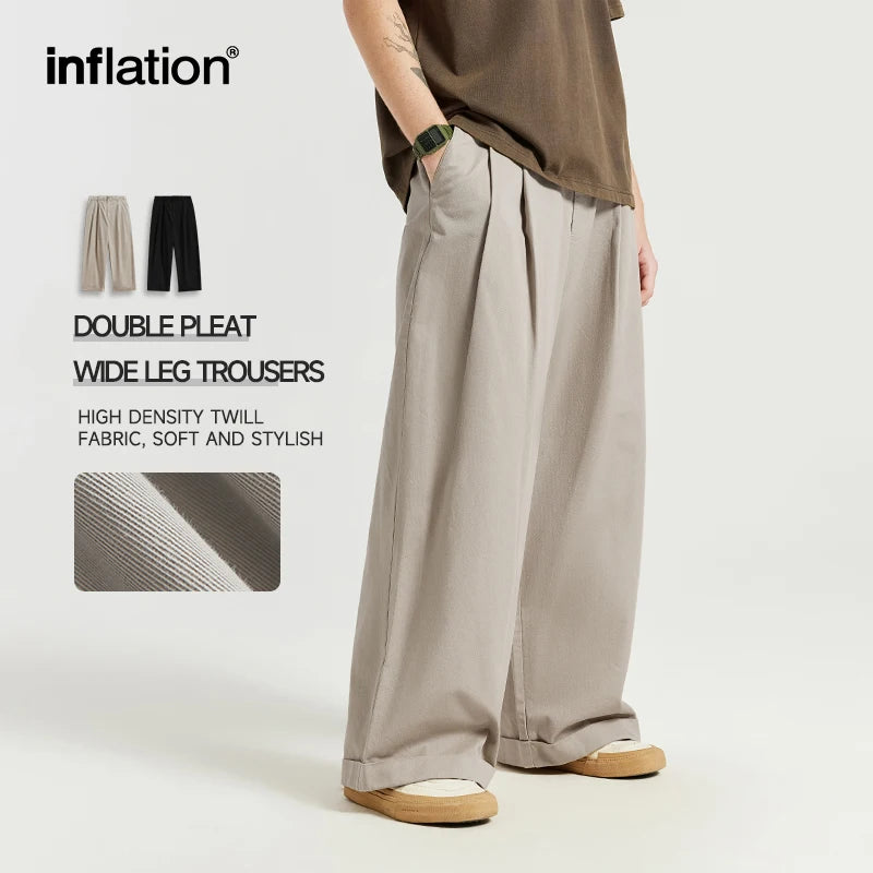 INFLATION Japanese Style Double Pleat Straight Leg Pants Unisex Trendy Casual Trousers