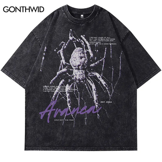 Men Vintage Tshirt Spider Letter Print Punk Gothic Washed T-Shirt Streetwear Hip Hop Harajuku Loose 2024 Summer Black Tee Tops