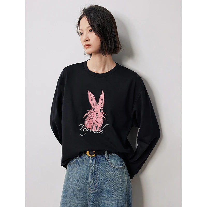 TOYOUTH Women Long Sleeve T-shirt 2024 Autumn New Rabbit Printed Pullover White Tops