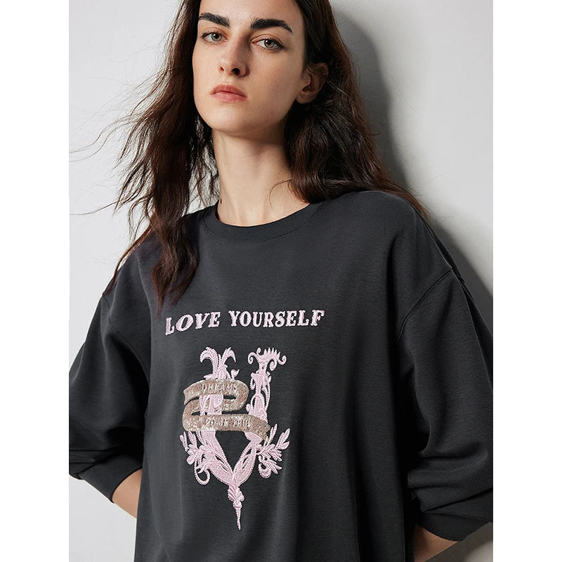 TOYOUTH Women T-shirt 2024 Autumn New Heavy Industry Dargon Pattern Embroidery Long Sleeve Pullover Tops Gray