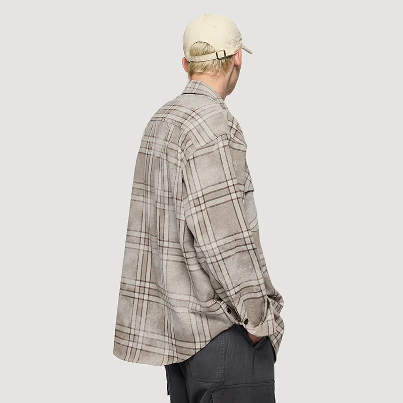 INFLATION Unisex Distressed Plaid Long-Sleeved Shirts American Retro Casual Oversize Men's Shirt